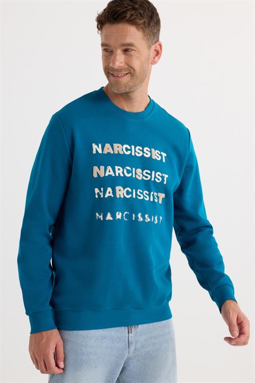 Unisex Oversize Pamuklu Yumuşak Dokulu Bisiklet Yaka İçi Polarlı Baskılı Turkuaz Sweatshirt​​​​​​​