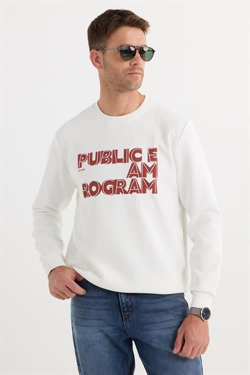 Unisex Oversize Geniş Kesim Pamuklu Yumuşak Dokulu İçi Polarlı Baskılı Beyaz Sweatshirt