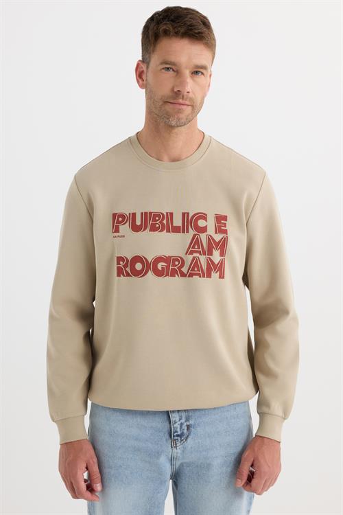 Unisex Oversize Geniş Kesim Pamuklu Yumuşak Dokulu İçi Polarlı Baskılı Bej Sweatshirt