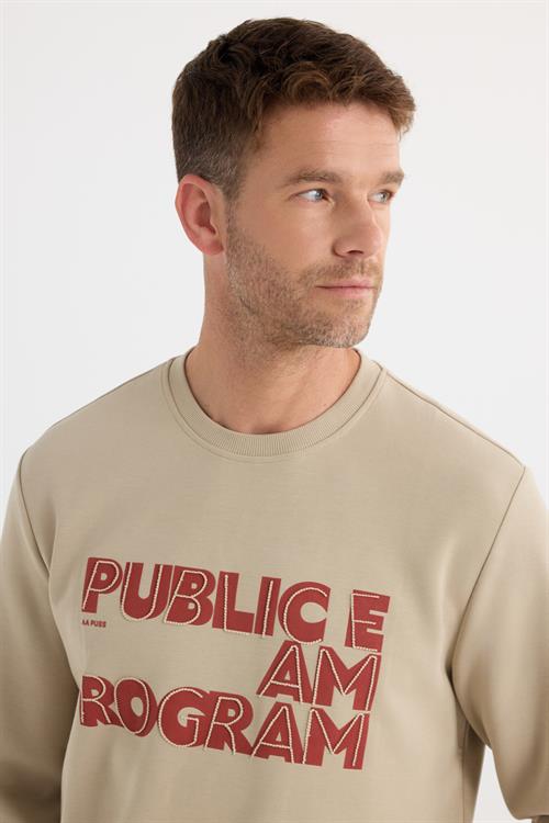 Unisex Oversize Geniş Kesim Pamuklu Yumuşak Dokulu İçi Polarlı Baskılı Bej Sweatshirt