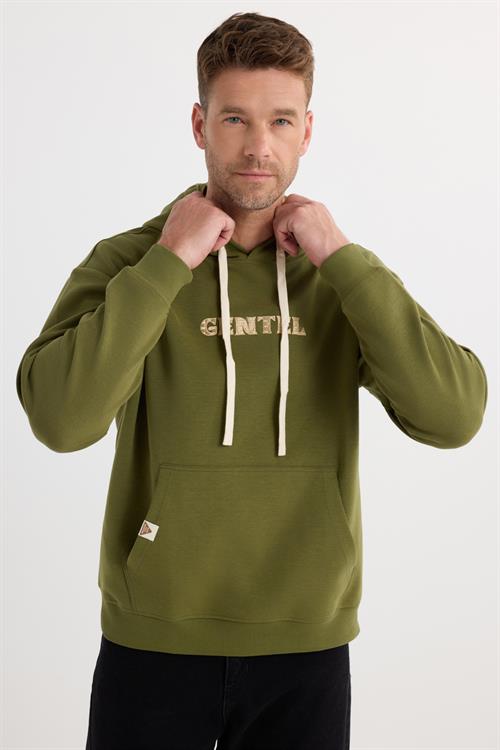Erkek Oversize Geniş Kesim Pamuklu Baskılı Yeşil Kapüşonlu Sweatshirt