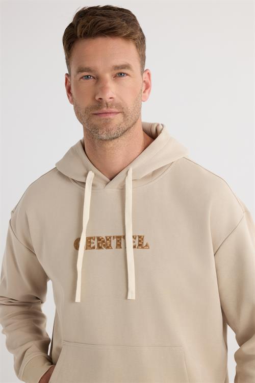 Erkek Oversize Geniş Kesim Pamuklu Baskılı Bej Kapüşonlu Sweatshirt