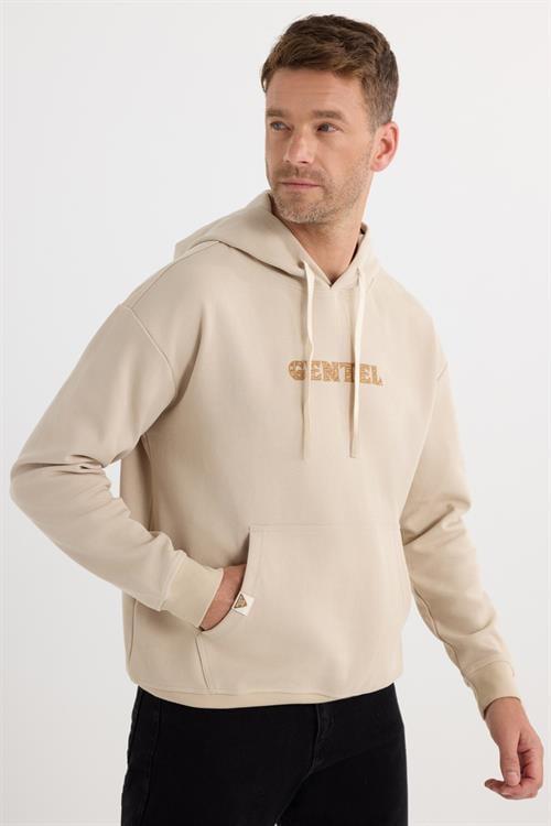 Erkek Oversize Geniş Kesim Pamuklu Baskılı Bej Kapüşonlu Sweatshirt