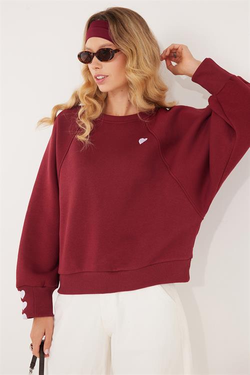 Kadın Regular Fit Klasik Kesim %100 Pamuk Baskılı Bisiklet Yaka Bordo Sweatshirt