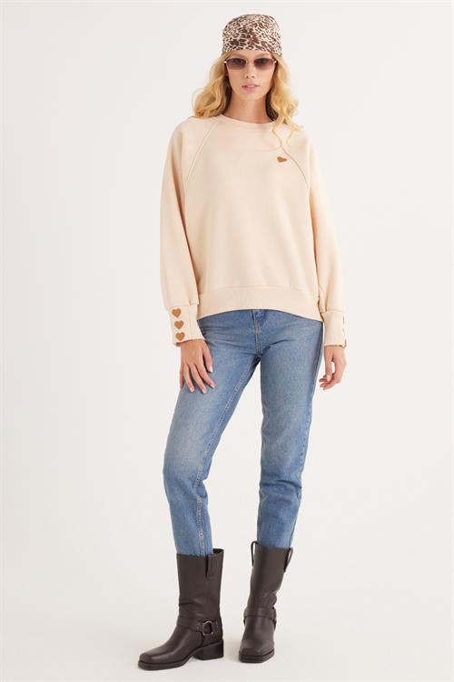Kadın Regular Fit Klasik Kesim %100 Pamuk Baskılı Bisiklet Yaka Bej Sweatshirt