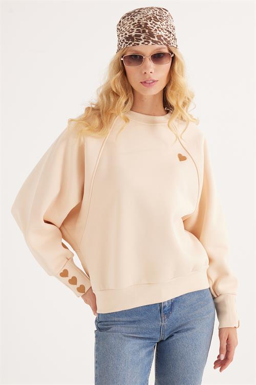 Kadın Regular Fit Klasik Kesim %100 Pamuk Baskılı Bisiklet Yaka Bej Sweatshirt