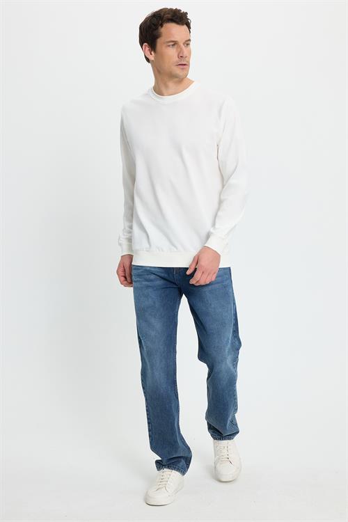 Erkek Relax Fit Rahat Kesim %100 Pamuk 2 İplik Bisiklet Yaka Beyaz Sweatshirt