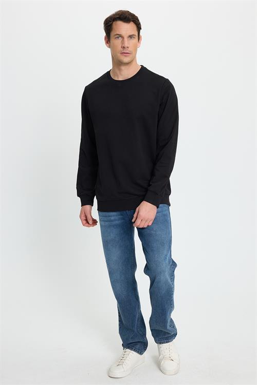 Erkek Relax Fit Rahat Kesim %100 Pamuk 2 İplik Bisiklet Yaka Siyah Sweatshirt