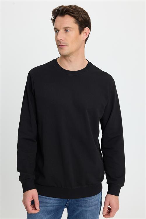 Erkek Relax Fit Rahat Kesim %100 Pamuk 2 İplik Bisiklet Yaka Siyah Sweatshirt