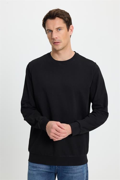 Erkek Relax Fit Rahat Kesim %100 Pamuk 2 İplik Bisiklet Yaka Siyah Sweatshirt