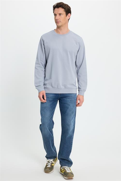 Erkek Relax Fit Rahat Kesim %100 Pamuk 2 İplik Bisiklet Yaka Açık Gri Sweatshirt