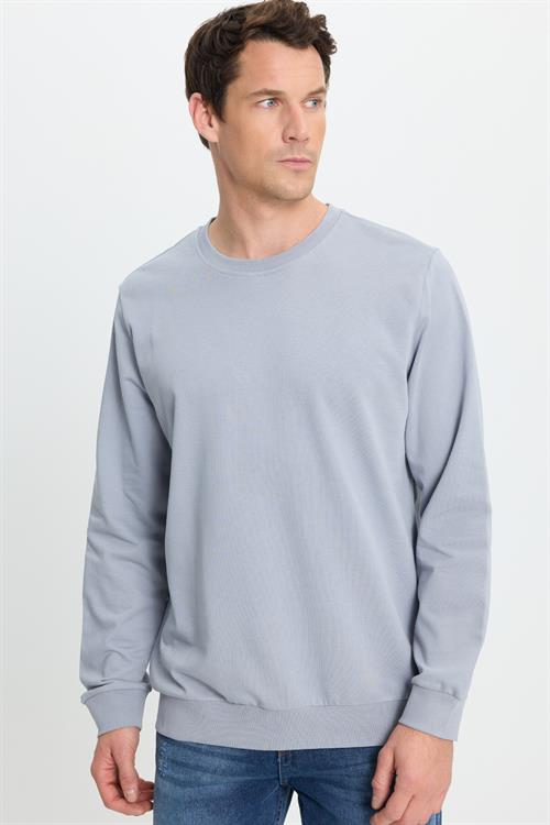 Erkek Relax Fit Rahat Kesim %100 Pamuk 2 İplik Bisiklet Yaka Açık Gri Sweatshirt