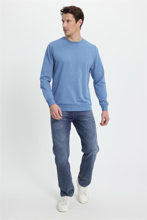 Erkek Relax Fit Rahat Kesim %100 Pamuk 2 İplik Bisiklet Yaka Mavi Sweatshirt