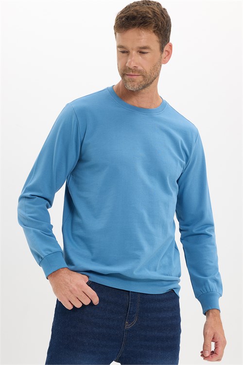 Erkek Relax Fit Rahat Kesim %100 Pamuk 2 İplik Bisiklet Yaka Mavi Sweatshirt
