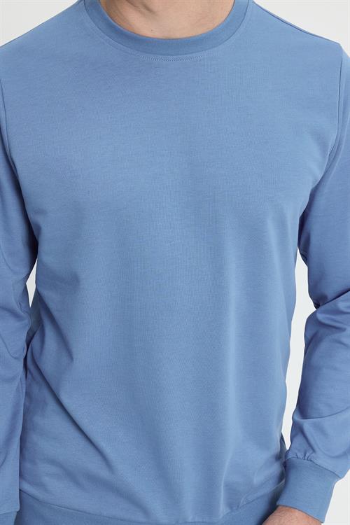 Erkek Relax Fit Rahat Kesim %100 Pamuk 2 İplik Bisiklet Yaka Mavi Sweatshirt