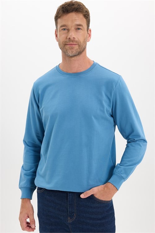 Erkek Relax Fit Rahat Kesim %100 Pamuk 2 İplik Bisiklet Yaka Mavi Sweatshirt