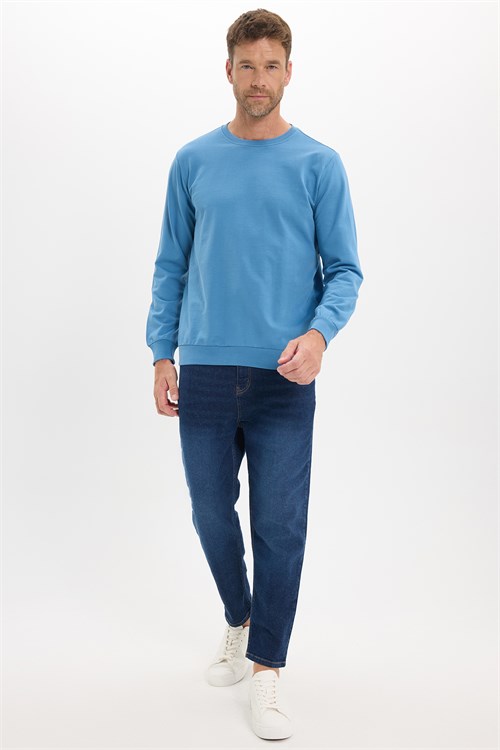 Erkek Relax Fit Rahat Kesim %100 Pamuk 2 İplik Bisiklet Yaka Mavi Sweatshirt