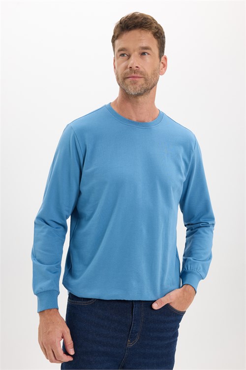 Erkek Relax Fit Rahat Kesim %100 Pamuk 2 İplik Bisiklet Yaka Mavi Sweatshirt