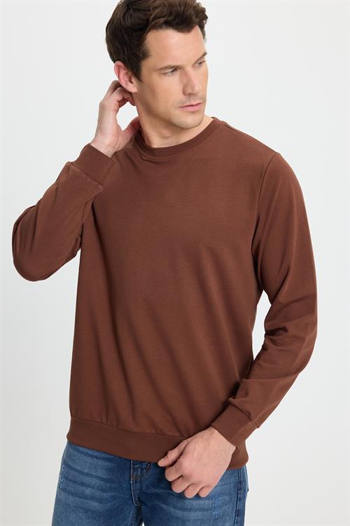 Erkek Relax Fit Rahat Kesim %100 Pamuk 2 İplik Bisiklet Yaka Kahverengi Sweatshirt