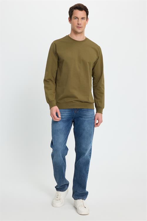 Erkek Relax Fit Rahat Kesim %100 Pamuk 2 İplik Bisiklet Yaka Haki Sweatshirt