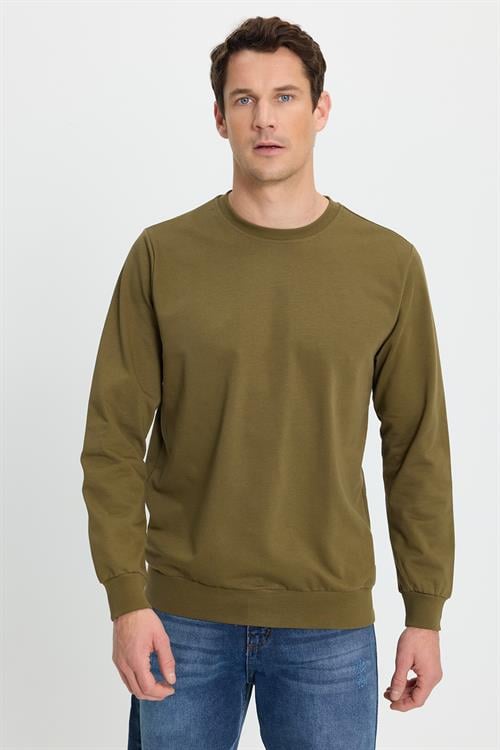 Erkek Relax Fit Rahat Kesim %100 Pamuk 2 İplik Bisiklet Yaka Haki Sweatshirt