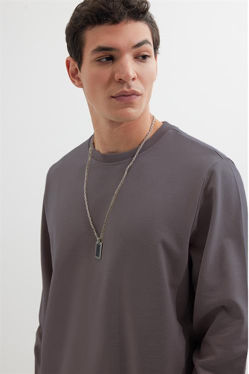 Erkek Relax Fit Rahat Kesim %100 Pamuk 2 İplik Bisiklet Yaka Koyu Gri Sweatshirt