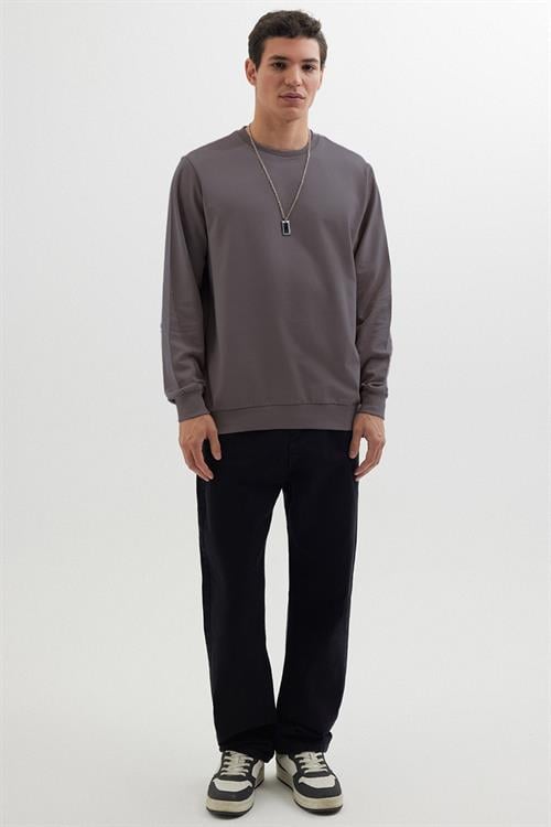 Erkek Relax Fit Rahat Kesim %100 Pamuk 2 İplik Bisiklet Yaka Koyu Gri Sweatshirt