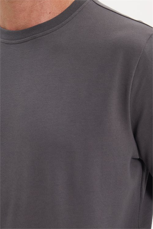 Erkek Relax Fit Rahat Kesim %100 Pamuk 2 İplik Bisiklet Yaka Koyu Gri Sweatshirt