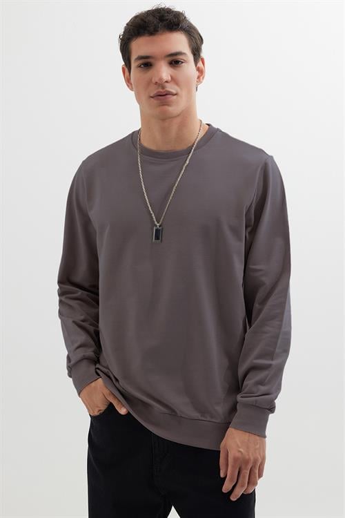 Erkek Relax Fit Rahat Kesim %100 Pamuk 2 İplik Bisiklet Yaka Koyu Gri Sweatshirt