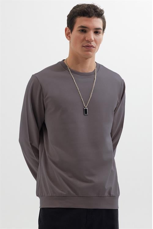 Erkek Relax Fit Rahat Kesim %100 Pamuk 2 İplik Bisiklet Yaka Koyu Gri Sweatshirt