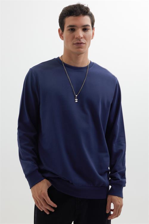 Erkek Relax Fit Rahat Kesim %100 Pamuk 2 İplik Bisiklet Yaka Lacivert Sweatshirt 