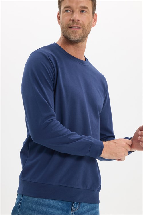 Erkek Relax Fit Rahat Kesim %100 Pamuk 2 İplik Bisiklet Yaka Lacivert Sweatshirt 