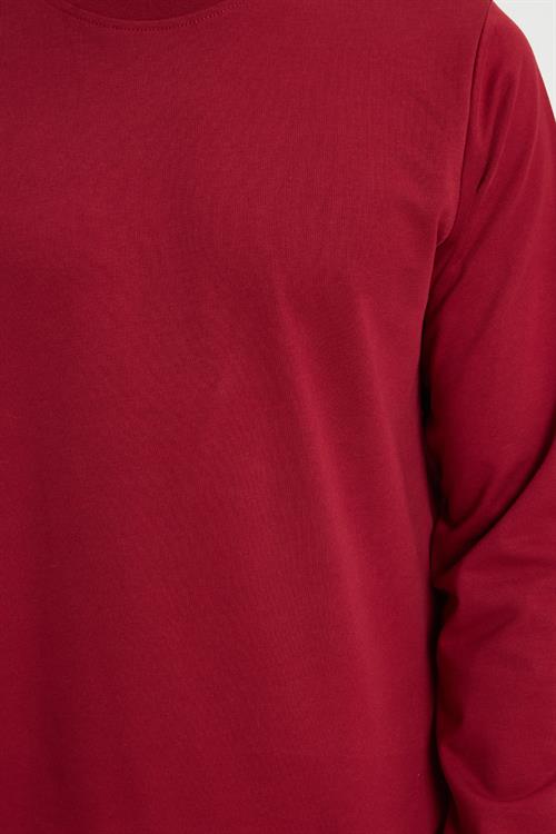 Erkek Relax Fit Rahat Kesim %100 Pamuk 2 İplik Bisiklet Yaka Bordo Sweatshirt 