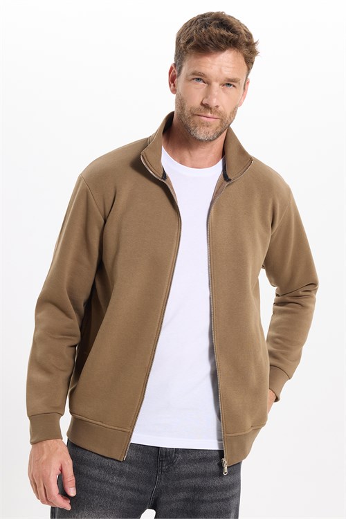 Unisex Relax Fit Rahat Kesim Pamuklu 3 İplik İçi Polarlı Fermuarlı Kahverengi Cepli Sweatshirt Hırka