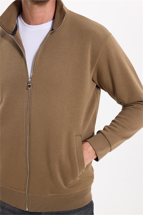 Unisex Relax Fit Rahat Kesim Pamuklu 3 İplik İçi Polarlı Fermuarlı Kahverengi Cepli Sweatshirt Hırka