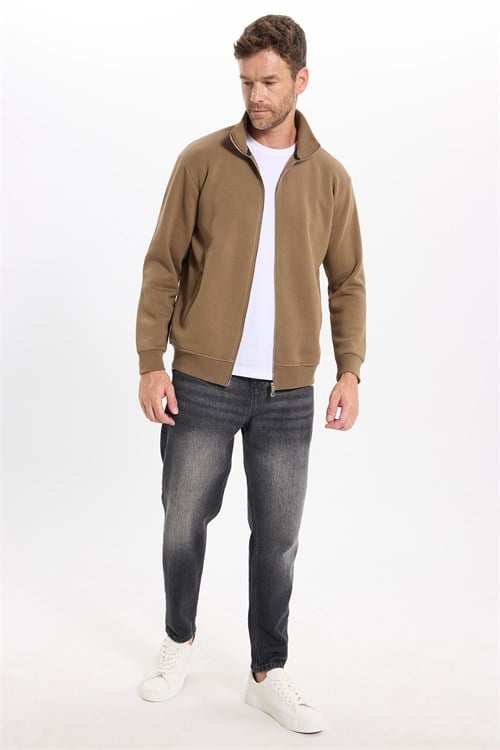 Unisex Relax Fit Rahat Kesim Pamuklu 3 İplik İçi Polarlı Fermuarlı Kahverengi Cepli Sweatshirt Hırka