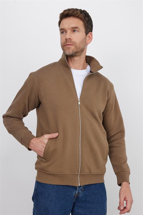 Unisex Relax Fit Rahat Kesim Pamuklu 3 İplik İçi Polarlı Fermuarlı Kahverengi Cepli Sweatshirt Hırka