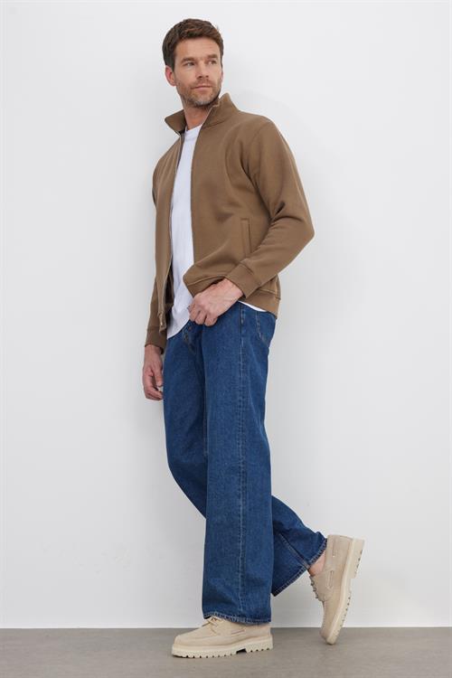Unisex Relax Fit Rahat Kesim Pamuklu 3 İplik İçi Polarlı Fermuarlı Kahverengi Cepli Sweatshirt Hırka