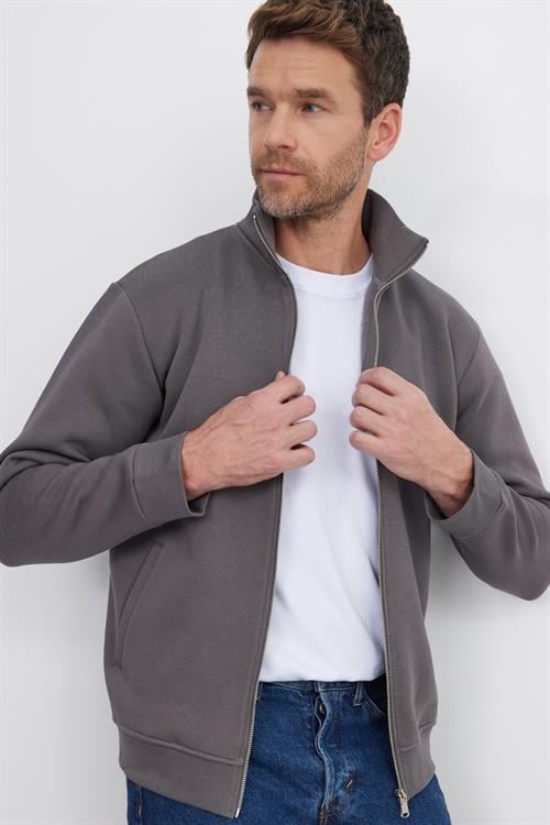 Unisex Relax Fit Rahat Kesim Pamuklu 3 İplik İçi Polarlı Fermuarlı Cepli Gri Sweatshirt Hırka
