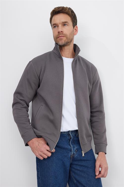 Unisex Relax Fit Rahat Kesim Pamuklu 3 İplik İçi Polarlı Fermuarlı Cepli Gri Sweatshirt Hırka