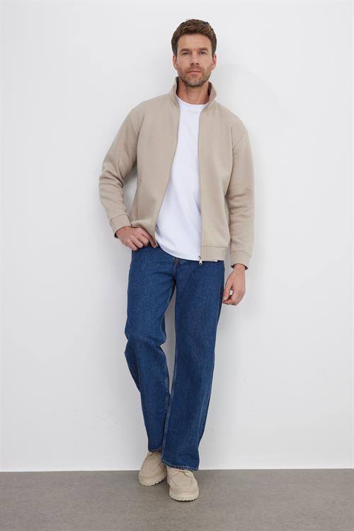 Unisex Relax Fit Rahat Kesim Pamuklu 3 İplik İçi Polarlı Fermuarlı Cepli Taş Sweatshirt Hırka