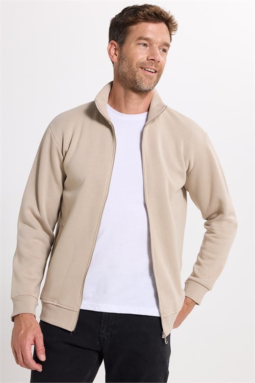 Unisex Relax Fit Rahat Kesim Pamuklu 3 İplik İçi Polarlı Fermuarlı Cepli Taş Sweatshirt Hırka