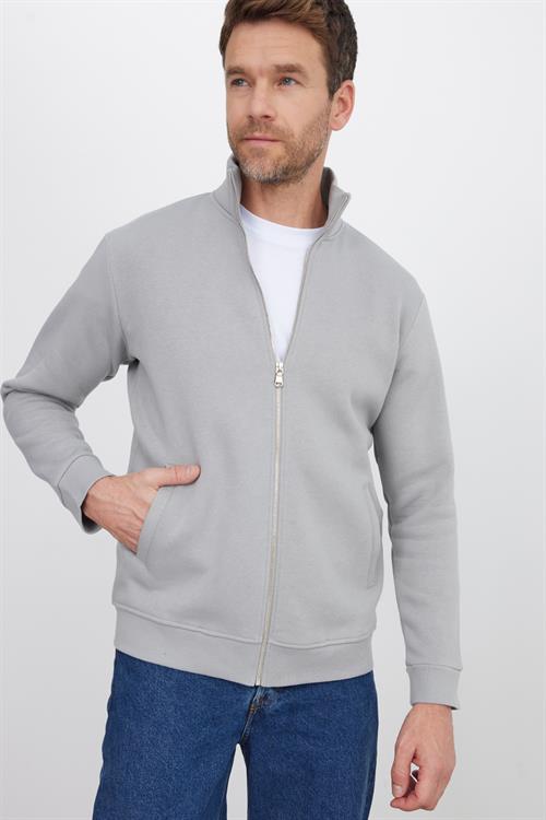 Unisex Relax Fit Rahat Kesim Pamuklu 3 İplik İçi Polarlı Fermuarlı Cepli Gri Sweatshirt Hırka