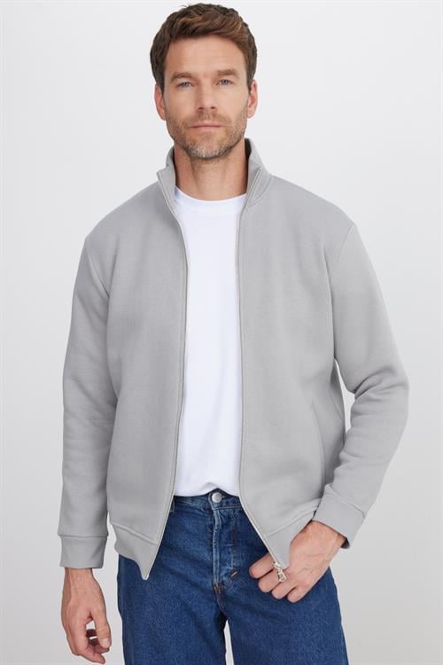 Unisex Relax Fit Rahat Kesim Pamuklu 3 İplik İçi Polarlı Fermuarlı Cepli Gri Sweatshirt Hırka