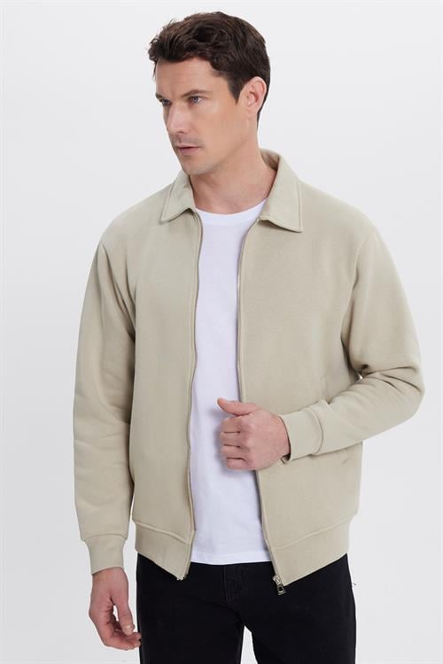 Unisex Relax Fit Rahat Kesim Pamuklu İçi Polarlı Fermuarlı Taş Polo Yaka Flato Cepli Sweatshirt Hırka
