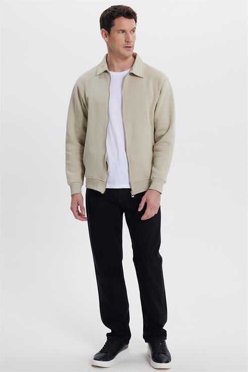 Unisex Relax Fit Rahat Kesim Pamuklu İçi Polarlı Fermuarlı Taş Polo Yaka Flato Cepli Sweatshirt Hırka