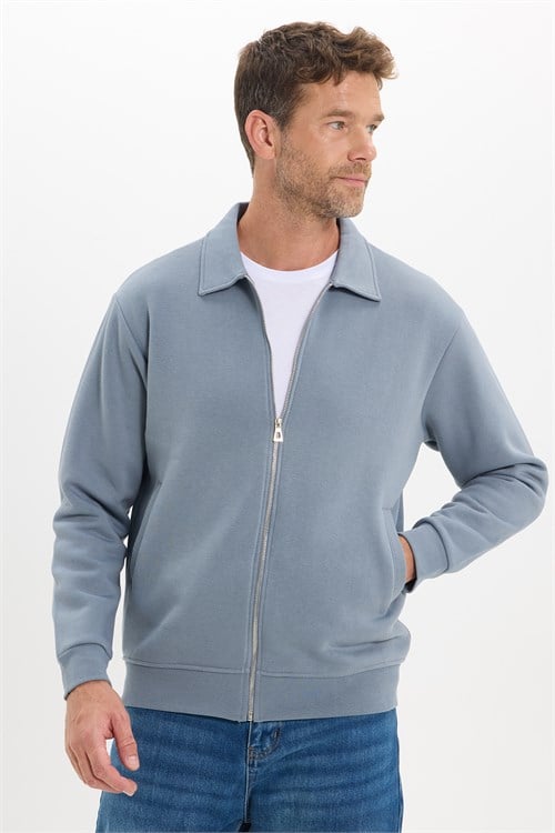 Unisex Relax Fit Rahat Kesim Pamuklu İç Polarlı Fermuarlı Gri Polo Yaka Flato Cepli Sweatshirt Hırka