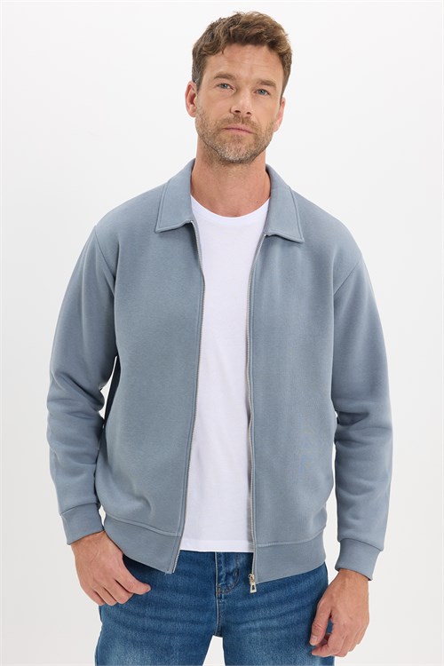 Unisex Relax Fit Rahat Kesim Pamuklu İç Polarlı Fermuarlı Gri Polo Yaka Flato Cepli Sweatshirt Hırka