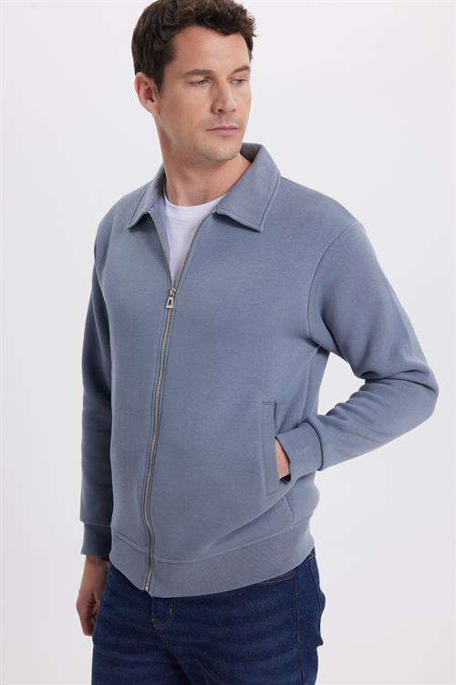 Unisex Relax Fit Rahat Kesim Pamuklu İç Polarlı Fermuarlı Gri Polo Yaka Flato Cepli Sweatshirt Hırka