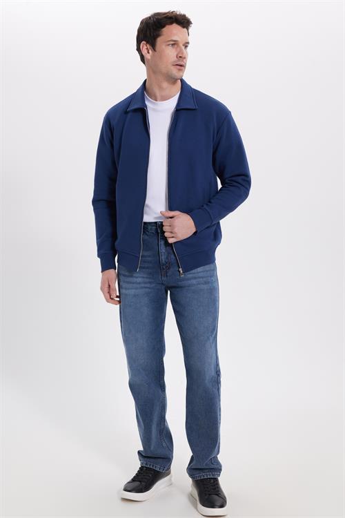 Unisex Relax Fit Rahat Kesim Pamuklu İç Polarlı Fermuarlı Lacivert Polo Yaka Flato Cepli Sweatshirt Hırka